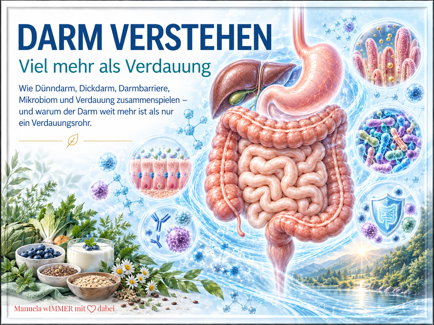 Darm - viel mehr als Verdauung Anatomische Darstellung des Darms mit Darmzotten, Mikrobiom und angrenzenden Verdauungsorganen – Darm verstehen: viel mehr als Verdauung